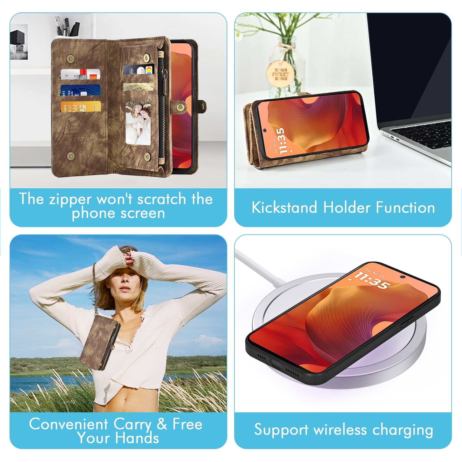 Asuwish Phone Case for Motorola Moto G15 4G Lte Zipper Wallet Detachable Cell Cover with Tempered Glass Screen Protector Crossbody Lanyard Strap Flip Card Holder MotoG15 G 15 XT2521-2 Women Men Brown