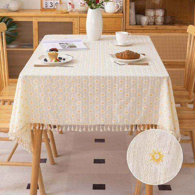 Living Room Table Cloth Rectangle, Decorative Table Cloth140*180cm Flower Embroidered with Tassels, Decorative Table Cloth Cotton,Sunflower tablecloth。