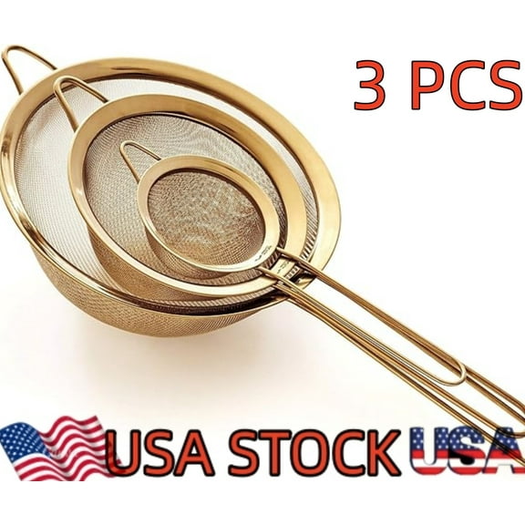 Strainer Set Fine Mesh – Premium 304 Stainless Steel (18/8) – 8″, 5.5″ and 3.3″ Sturdy Kitchen Strainers (Gold)