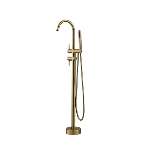Freestanding Tub Filler Floor Mount Bathtub Faucet with Handheld Shower, Solid Brass Single Handle Bathroom Faucet with 360 Degree Swivel Spout, Brushed Gold, Antique Classic Style