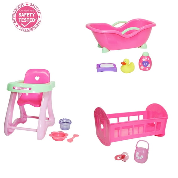 JC Toys Deluxe Doll Accessory Bundle featuring High Chair, Crib, Bath and Accessories for dolls up to 11".