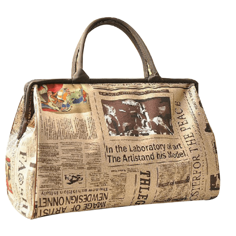 Women Retro Bags Tote Purse Luggage Bag Travel Handbag Vintage Newspaper  Design Water-repellent Bag 
