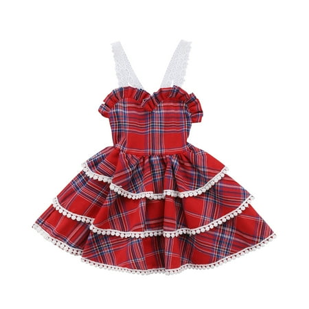 

Toddler Baby Girls Sleeveless Plaid Dress Lace Strap Ruffle Backless Tassel Sundress