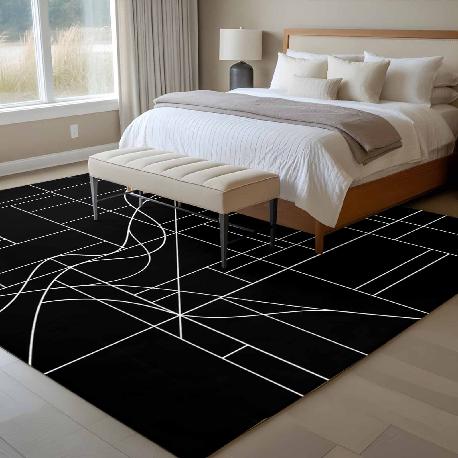Black Striped Geometric Area Rugs 6'x9', Washable Small Throw Rugs for Kitchen Dining room, Modern Abstract Art Stripes Indoor Outdoor Rug Non-Slip Low Pile Carpet Runner Reversible Floor Mats