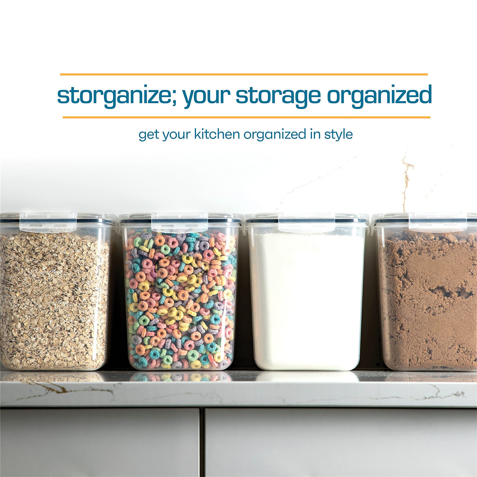 4 Pack Large Food Storage Containers with Lids – 5.2L Airtight Kitchen Canisters for Flour, Sugar, Rice, Pasta & Pantry Organization, BPA-Free Plastic, Stackable