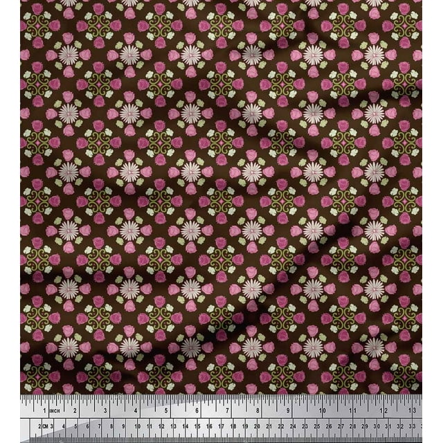 Soimoi Brown Japan Crepe Satin Fabric Aster & Roses Damask Printed Craft Fabric by the Yard 42 Inch Wide