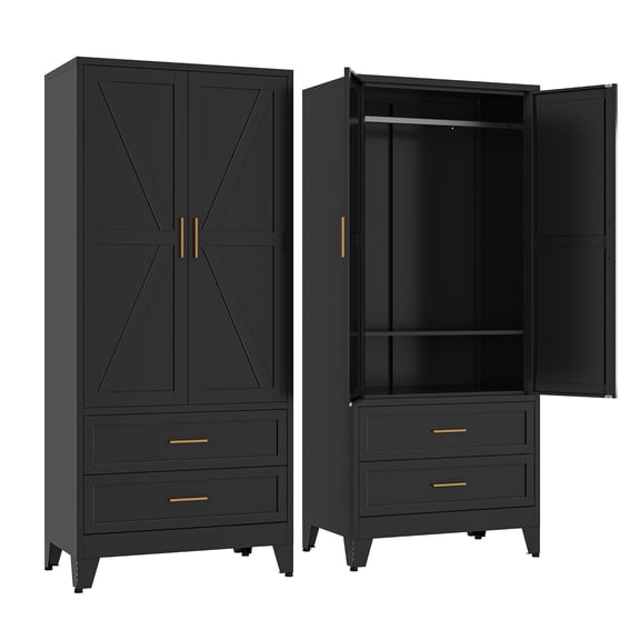 Large Bedroom Armoires With Shelves and Hanging Rod,Wardrobe Storage Cabinet,Metal Clothing Storage Cabinet with 2 Doors