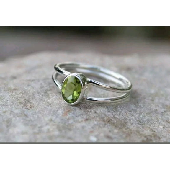 Natural Peridot Ring, Green Gemstone Ring, 925 Pure Silver Ring, August Birthstone Ring, Oval Cut Peridot Ring, Double Band Silver Ring*****