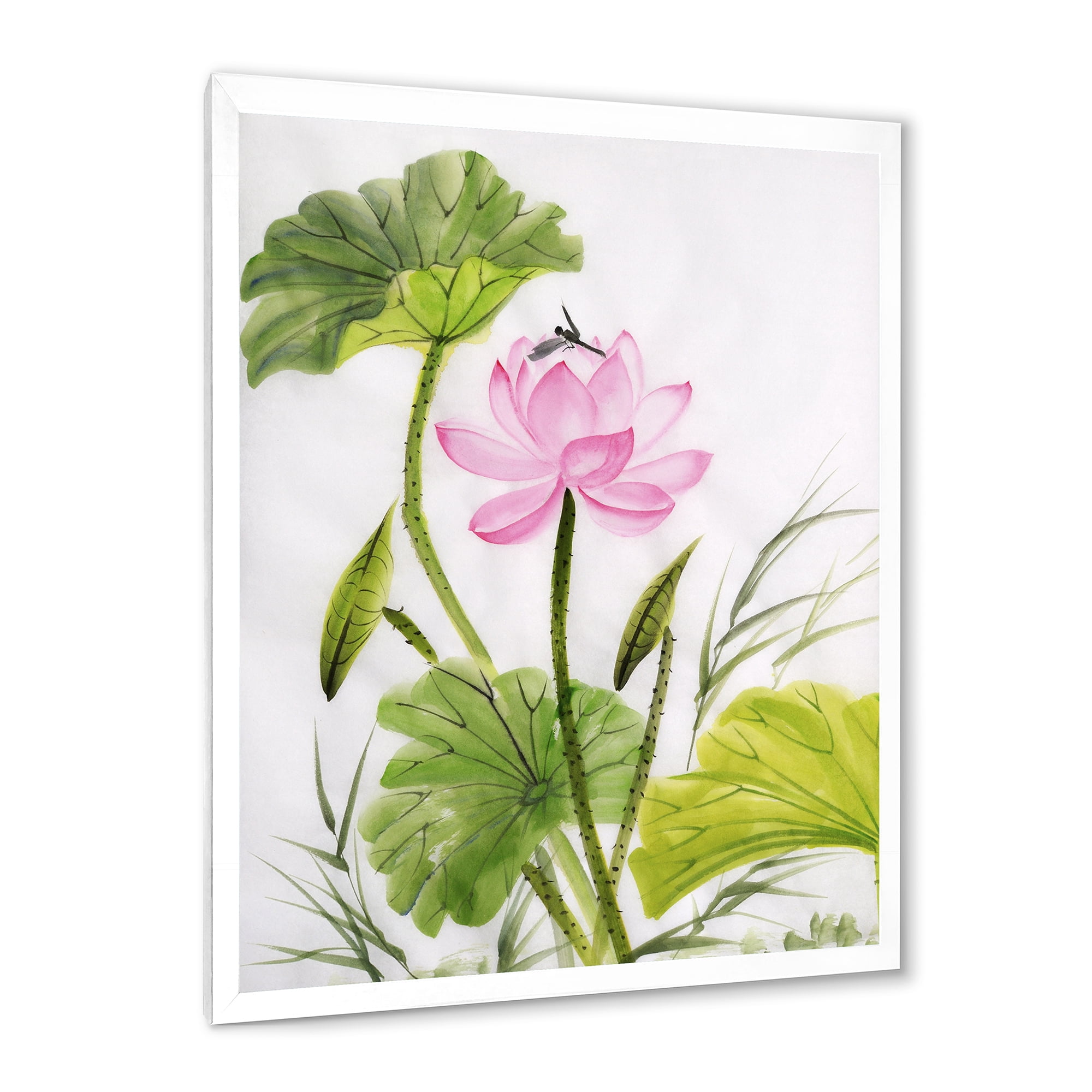Designart 'Single Vintage Pink Lotus Flower With Green Leaves' Traditional Framed Art Print
