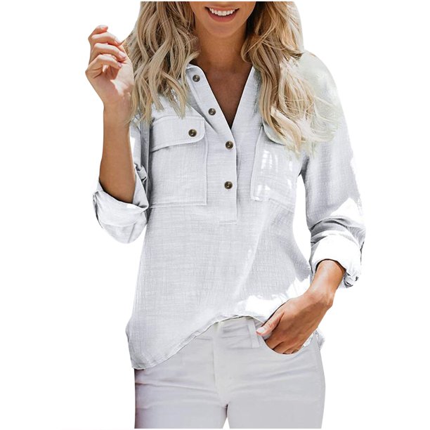 Moda Mujer Botones Sólido Manga Larga Transpirable Con Cuello En V Camisa Blusa Tops Fridja fksj2797