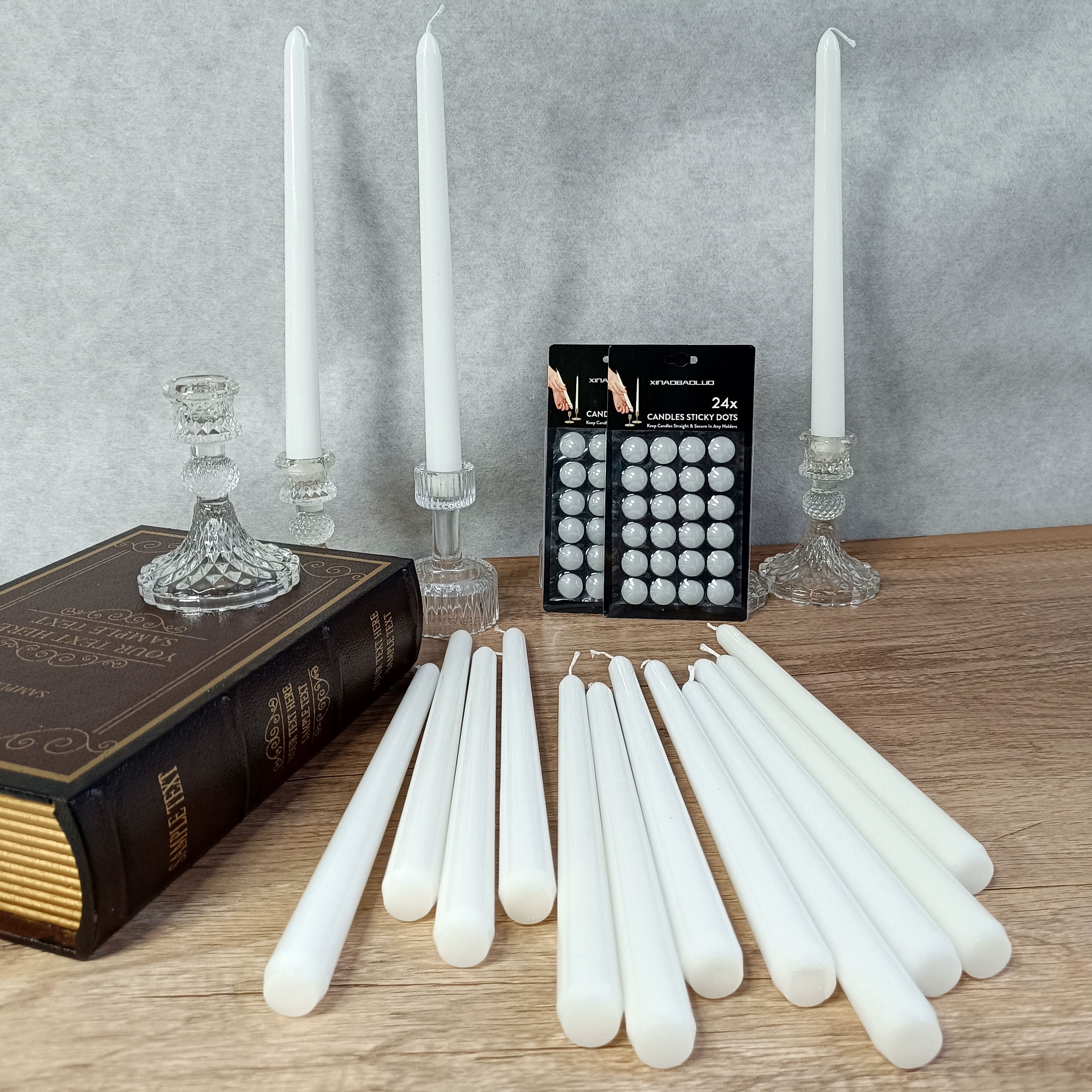 20 Pack White Taper Candles with 2 Pack Candles Wax Sticky Dots,10 inch Unscented Smokeless Dinner Candle Set for Household, Wedding, Party and Home Décor Candlesticks