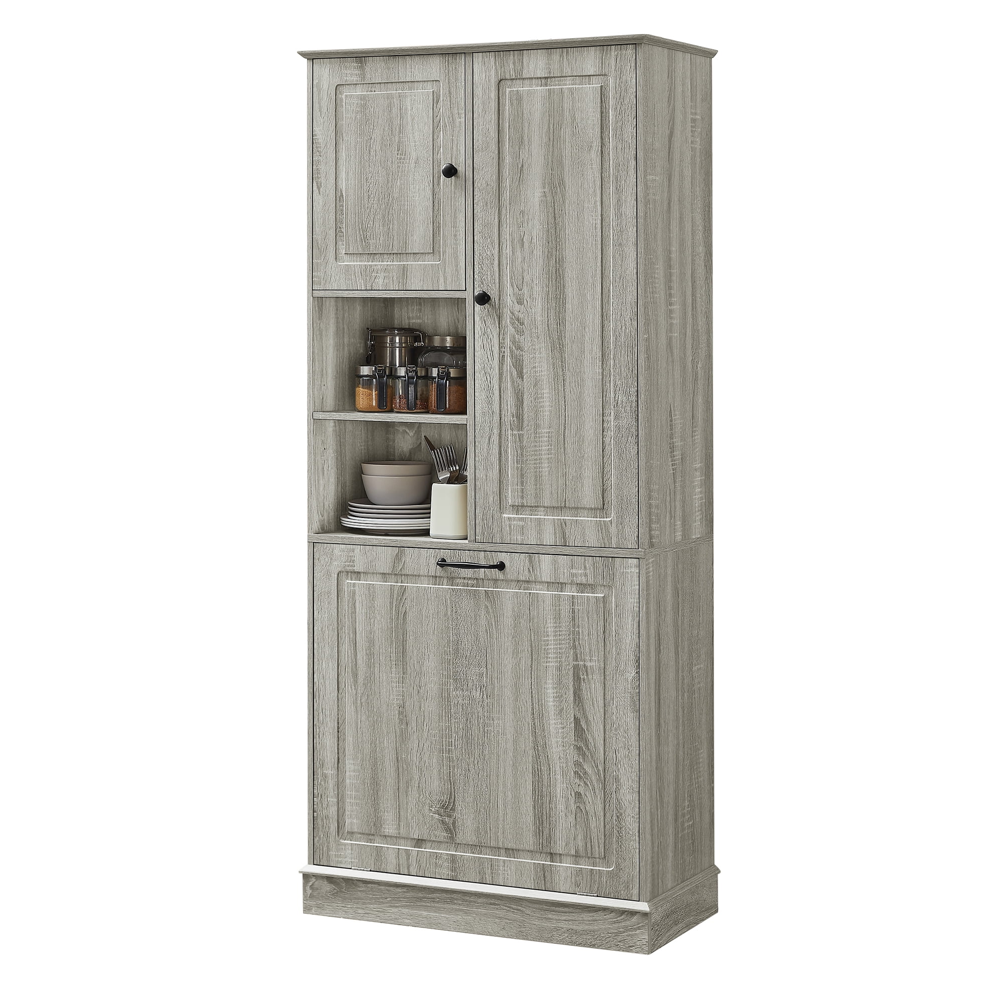 Euroco Tall Storage Cabinet with Adjustable Shelves, Large Flip-Out Basket & Enclosed Cabinets – Perfect for Bathroom, Living Room, or Office, MDF Material with Aluminum Alloy Handles