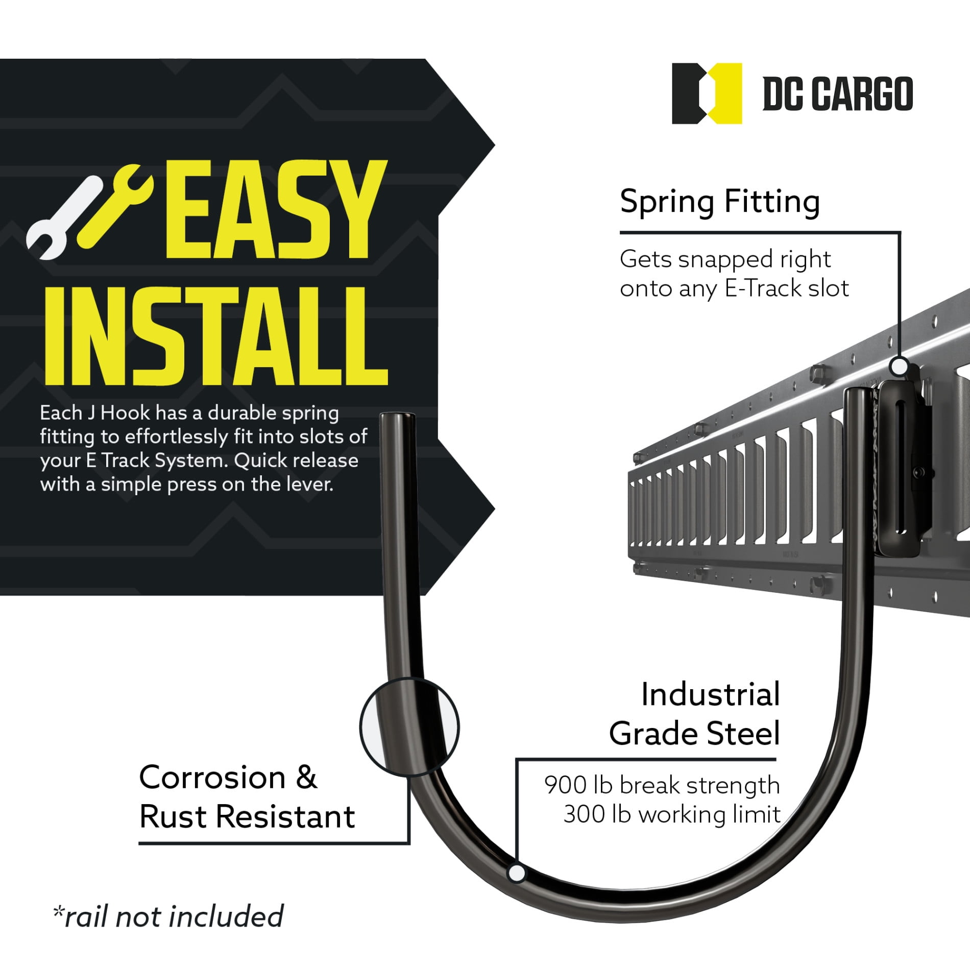 "DC Cargo Mall E-Track Large 7"" J Hook Tie Down Accessory (6 Pack) for Enclosed Trailer/RV for Helmets, Ropes, Motorcycle Jackets, Pipes, Hoses and Cables"