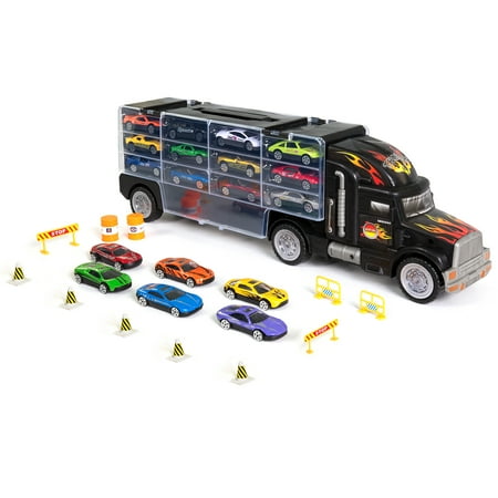 - Best Choice Products Kids 2-Sided Transport Car Carrier Semi Truck Toy w/ 18 Cars and 28 Slots - Multicolor
