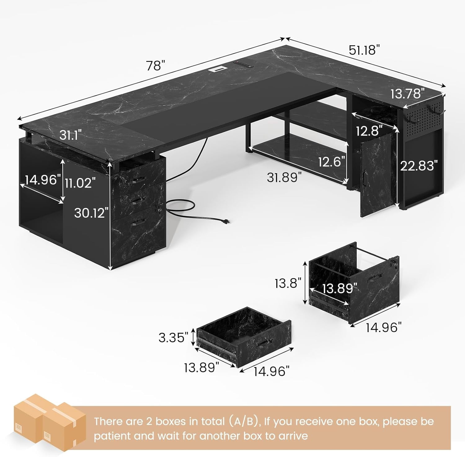78" Executive Desk with Lockable File Cabinet, L Shaped Executive Desk with Power Outlets, Reversible Computer Desk with Drawers, Storage Shelves and Privacy Screen, Marble Black