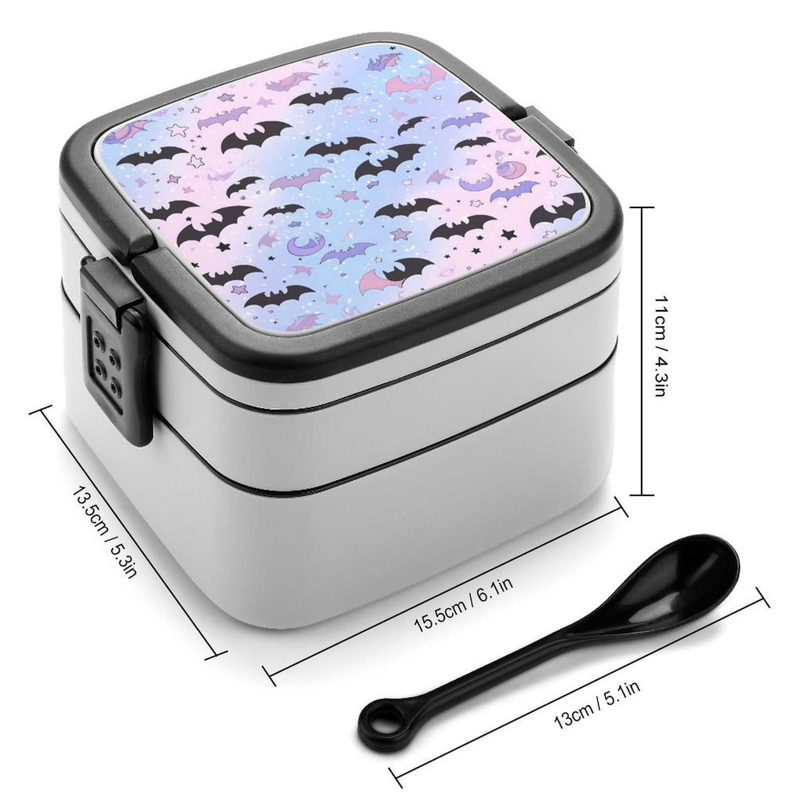 5.3×4.3in Double-Layer Bento Box Sealing Leakproof Partition Design Buckle Design Convenient Switch With Handle The Black And Purple Flying Bats in The Sky