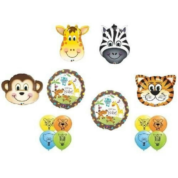 Baby Shower Jungle Zoo Safari Zebra Monkey Tiger Giraffe 14 Party Balloons Set B