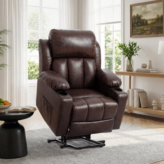 FunniHomi Power Lift Recliner Chair for Elderly with Massage and Heat, PU Leather Lift Reclining Sofa with Cup Holders and Side Pockets for Living Room Bedroom, Pecan