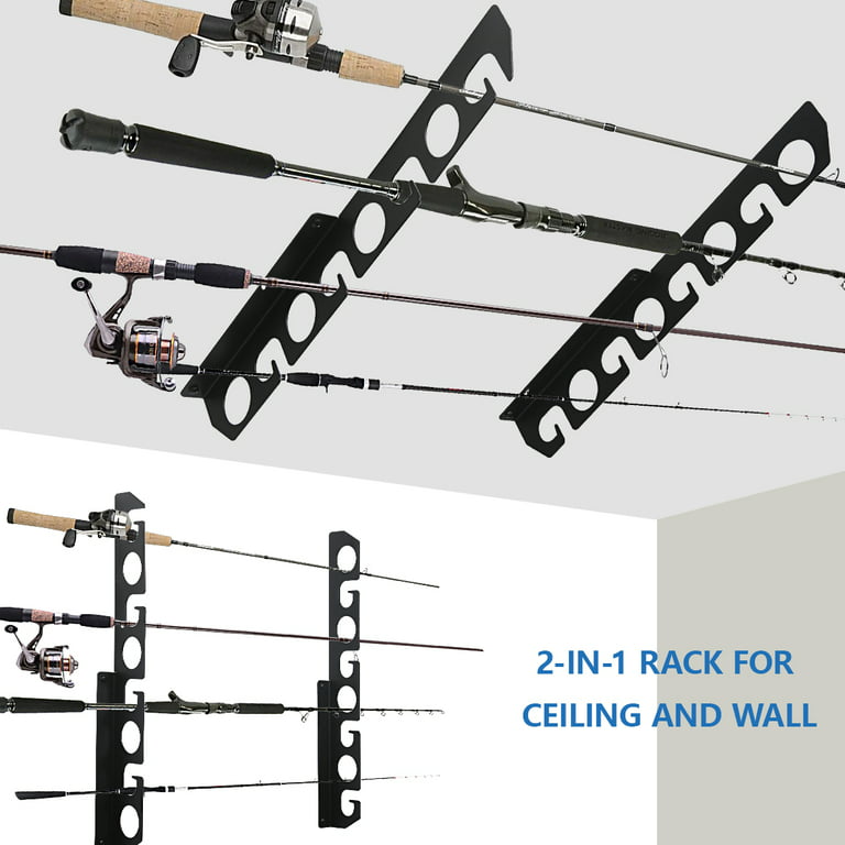 Wall or Ceiling Fishing Rod/Pole Rack Holder Storage Hook Hanger Oranizer  Display Metal Wall Mounted Holds up to 8 Fishing Rods for Garage Cabin and