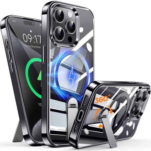JETeacka Magnetic for iPhone 15 Pro Max Case Upgraded 360° Rotatable Invisible Kickstand Military Drop Protection Shockproof Non-Yellowing Clear Black