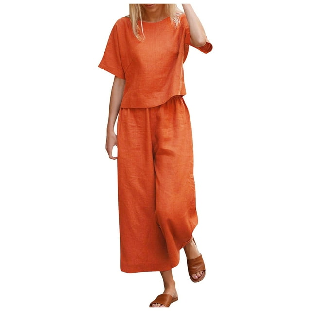 Conjunto de dos piezas para mujer compuesto por top corto y pantalones anchos: manga corta, cuello redondo, conjunto informal de verano