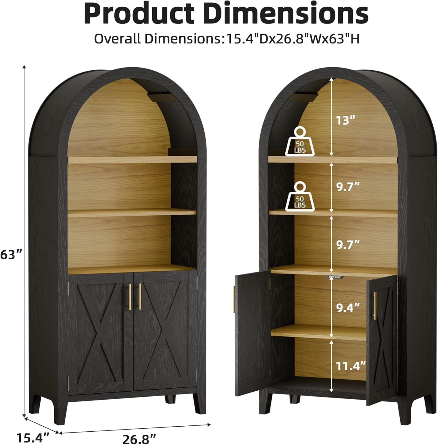 MAYEERTY 63" Arched Storage Cabinet with Beech Wood Door, 5 Tier Farmhouse Arched Kitchen Pantry with Storage for Dining Room, Living Room, Kitchen, Office