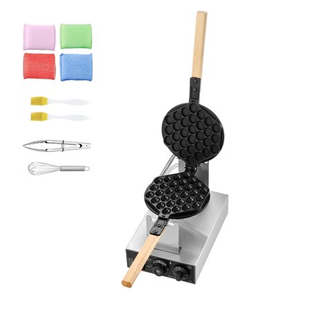 KFFKFF Professional Bubble Waffle Iron, 1400W, for Crispy Egg Waffles, Non-Stick Coating, Stainless Build, 180° Flip Feature, Adjustable Temperature & Timer, Wood Grip, Ideal for Cafes & Snack Shops
