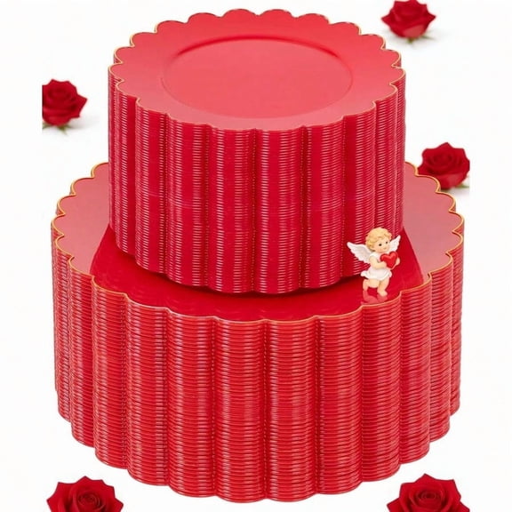 100pcs Red Plastic PlatesFancy Disposable Plates Heavy Duty Red and Gold Party plies Including 10.25 Dinner 7.5 Dert Plastic Plate Elegant Disposable Plate Suit for Party Wedding