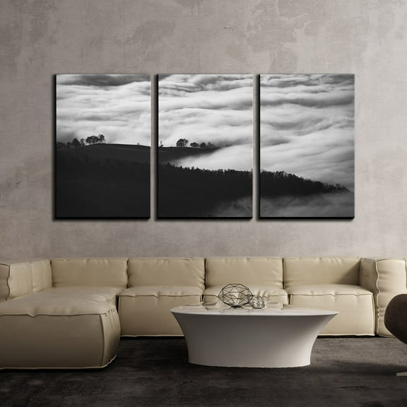 wall26 - 3 Piece Canvas Wall Art - Mountains and Fog in Black and White - Modern Home Art Stretched and Framed Ready to Hang - 24"x36"x3 Panels