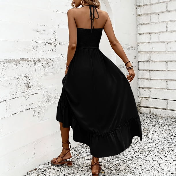 Jtjvou Strapless Maxi Dress Summer Smocked Ruffle Empire Waist A Line Dress Boho Beach Vacation Long Flowy Tube Dresses Black XXL, Women's, Size: 2XL