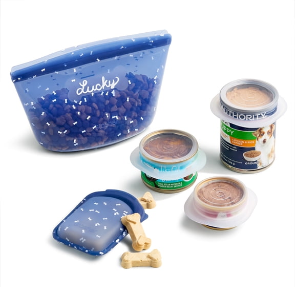 Stasher Reusable Puppy Essentials Kit, 4-Cup Dog Travel Bowl, Treat Bag & Dog Food Can Lids, Airtight Seal, Food Grade Silicone, Freezer & Dishwasher Safe, 5-Pack