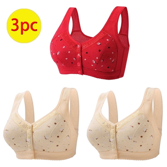 successthop Bras for Older Women 3 Pack Daisy Floral Wirefree Push up Bralette Padded Button Front Close Wide Strap Corset Full Coverage Crop Tank Top Cute Lingerie Red L