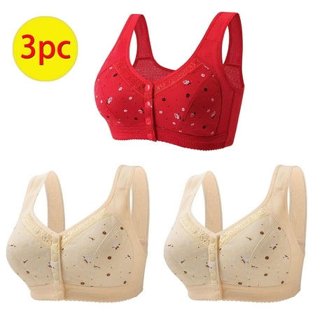 TrendVibe365 Wireless Bra Womens Plus Size 3 Pack Daisy Floral No Wire Push up Bralette Padded Button Front Clasp Wide Strap Corset Top Full Coverage Crop Tank Top Comfortable Shapewear Red 3XL