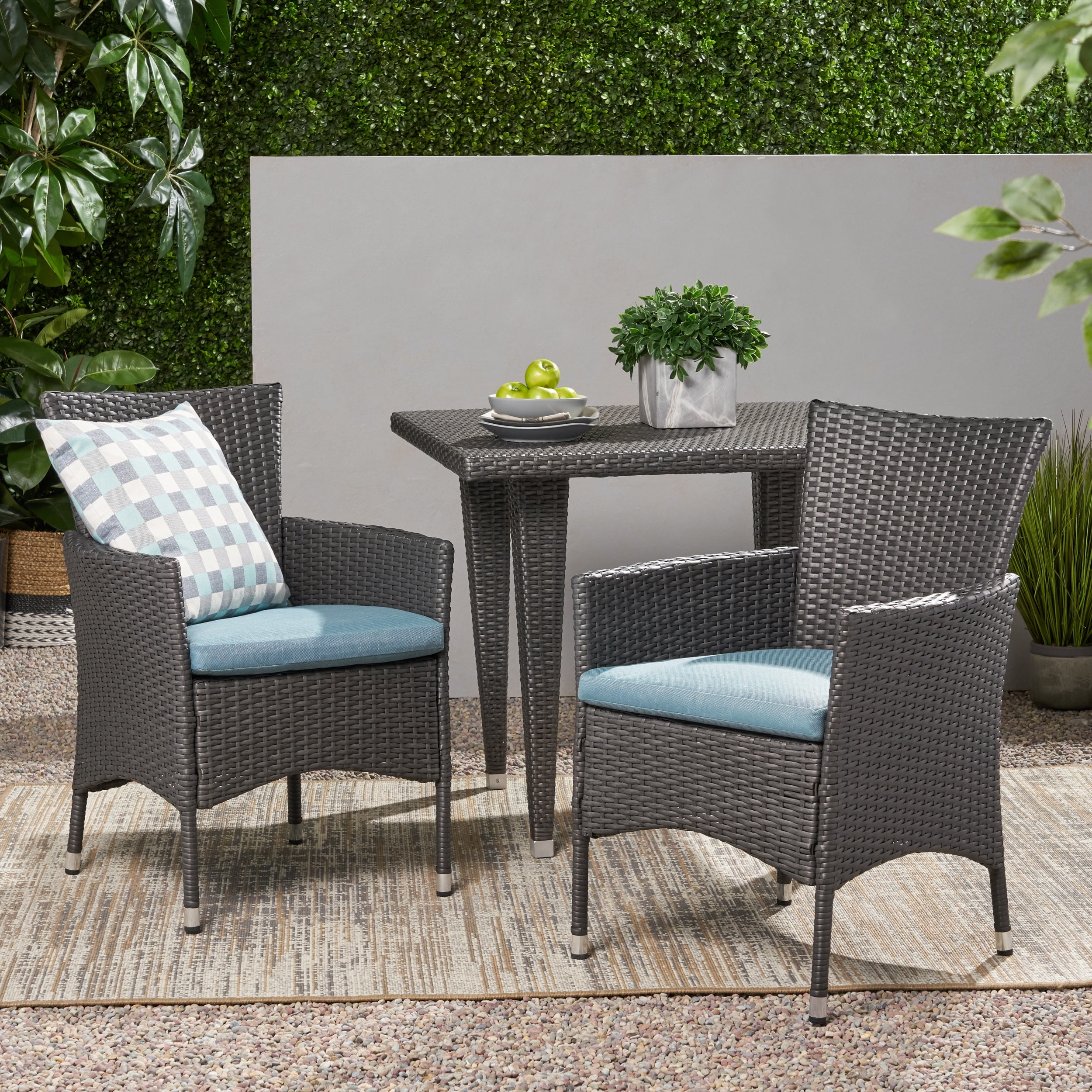 Camilo Outdoor Wicker Dining Chairs with Cushions, Set of 2, Grey, Teal