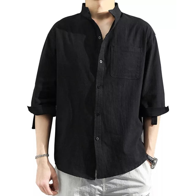 Camisa Cuello Mao Lino Hombre 3/4 Larga Manga, Con Botones