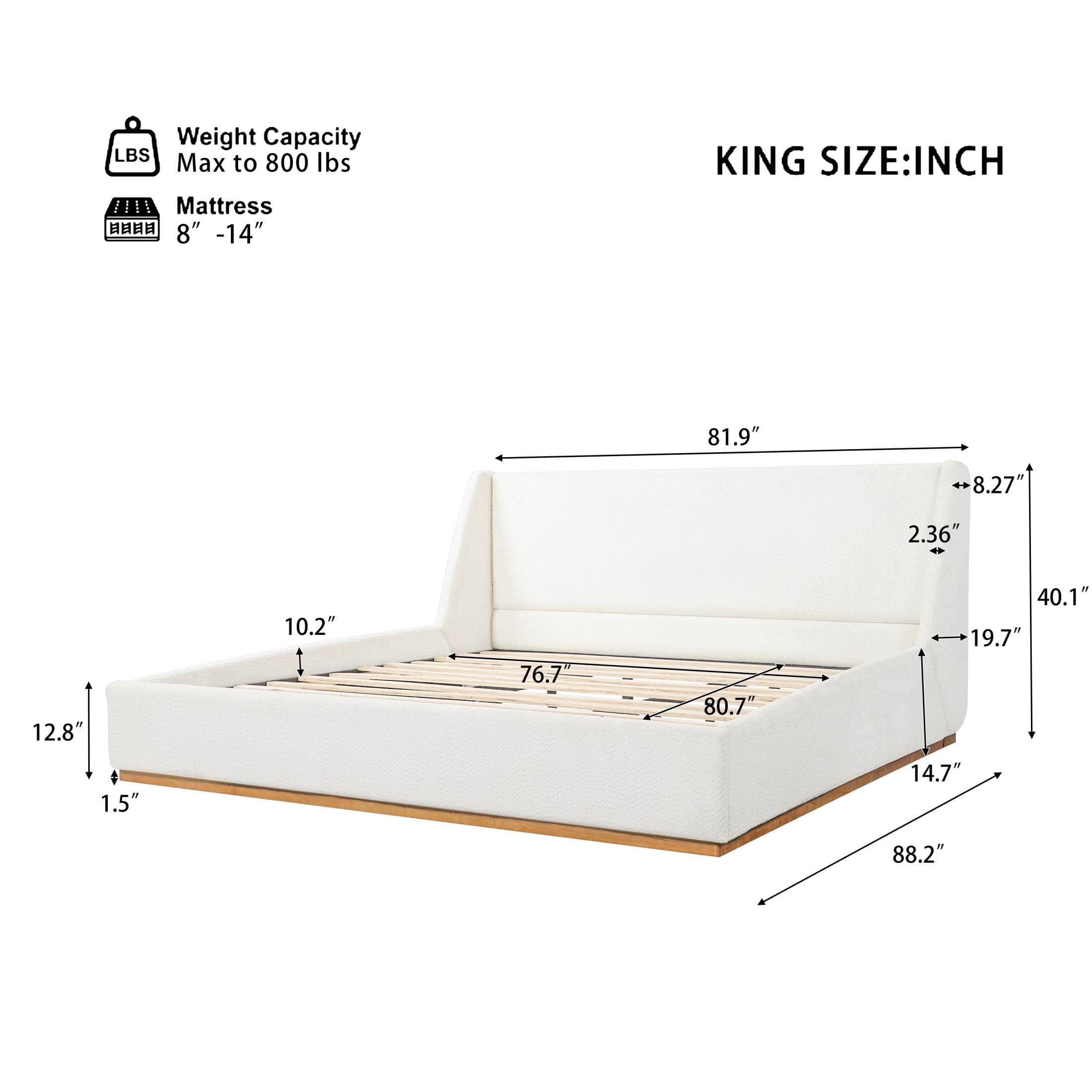 Christopher Knight Home King Upholstered Wingback Bed Frame, Rubberwood Base, White