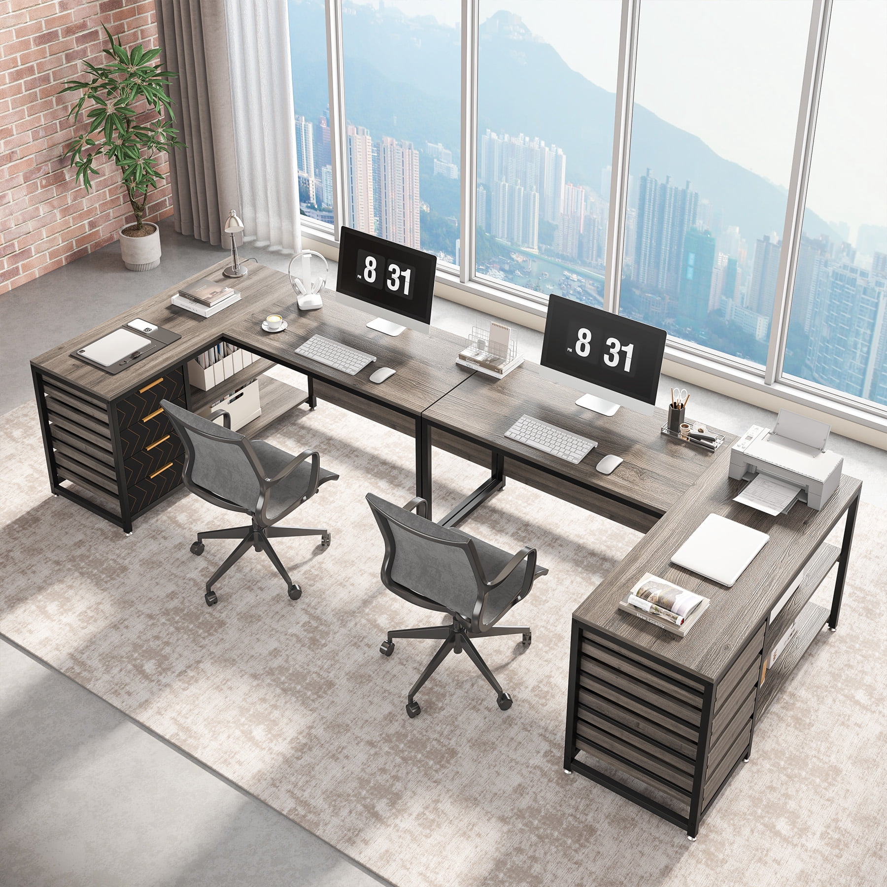 Tribesigns L-shaped Computer Desk, 59 inch Corner Desk with Drawers and Storage Shelves, Reversible Writing Study Table for Home Office, Grey