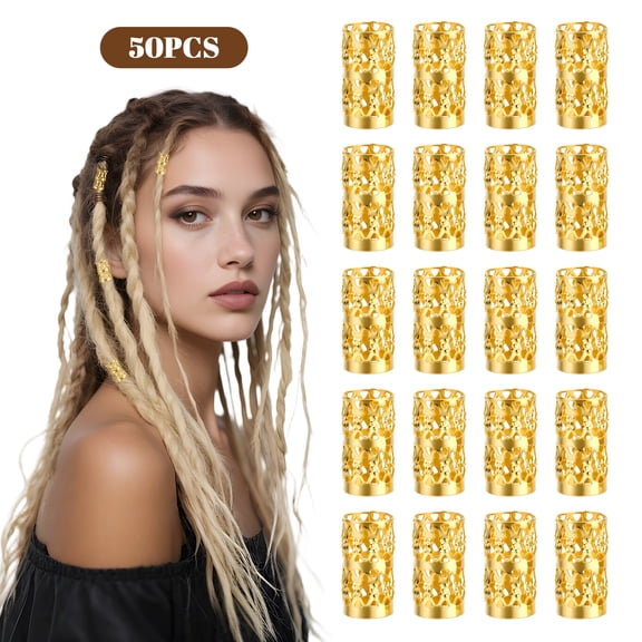 DESIGNICE Hair Braid Rings Hair Cuffs Set,Metal Hair Jewelry for Braids,Side Opening Gold Hair Cuffs,Dreadlock Accessories for Woman and Man,50Pcs