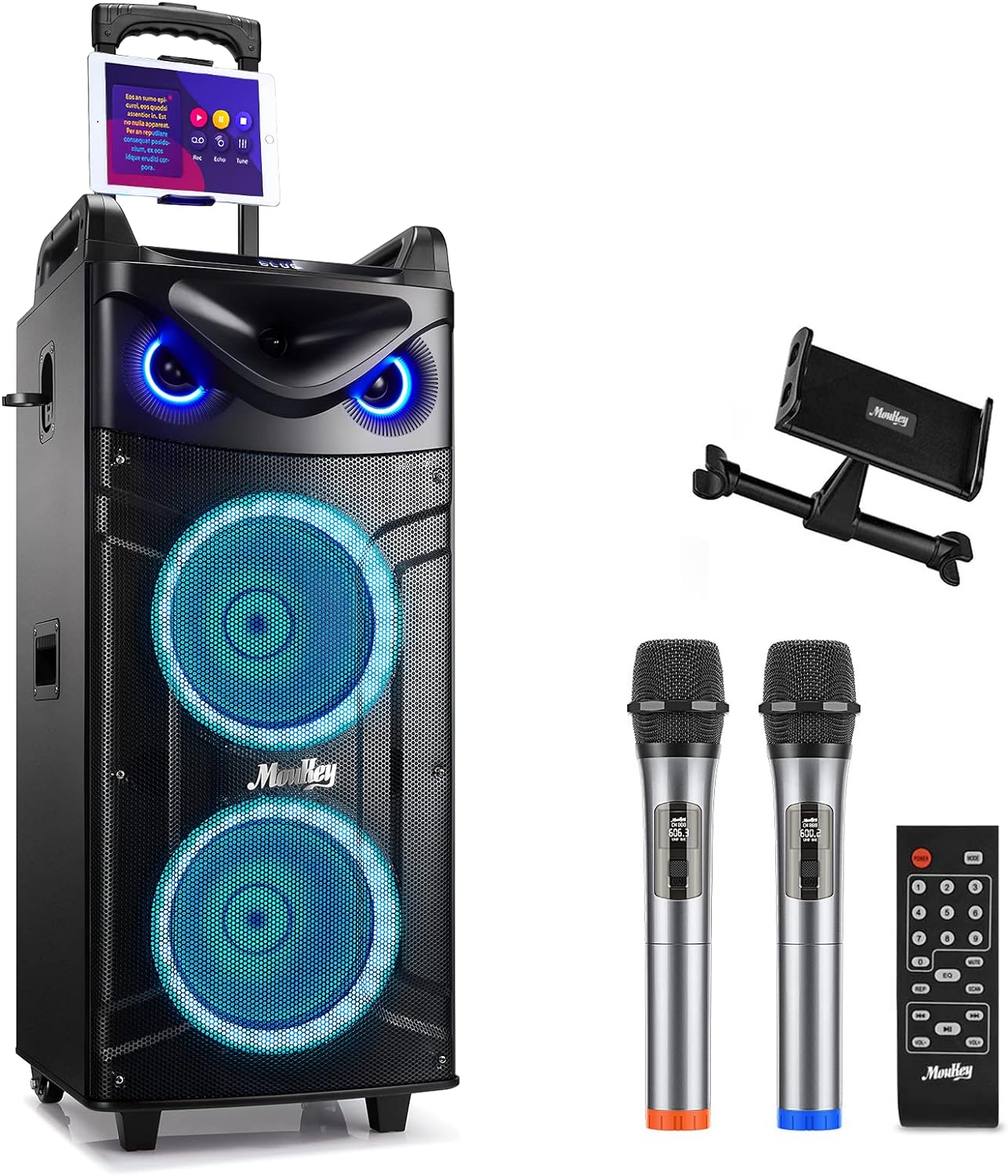 Moukey Karaoke Machine with Dual 10" Woofers, 2 Mics photo 6