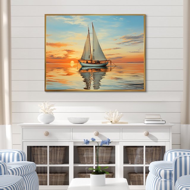 Designart Boat Sailing Oversized framed wall art decor, Boat Sailing framed wall Art, Reflecting Rhythms on Sailboats I , Multi-Color Modern Gold framed wall art, 32x24 inches Gold Frame