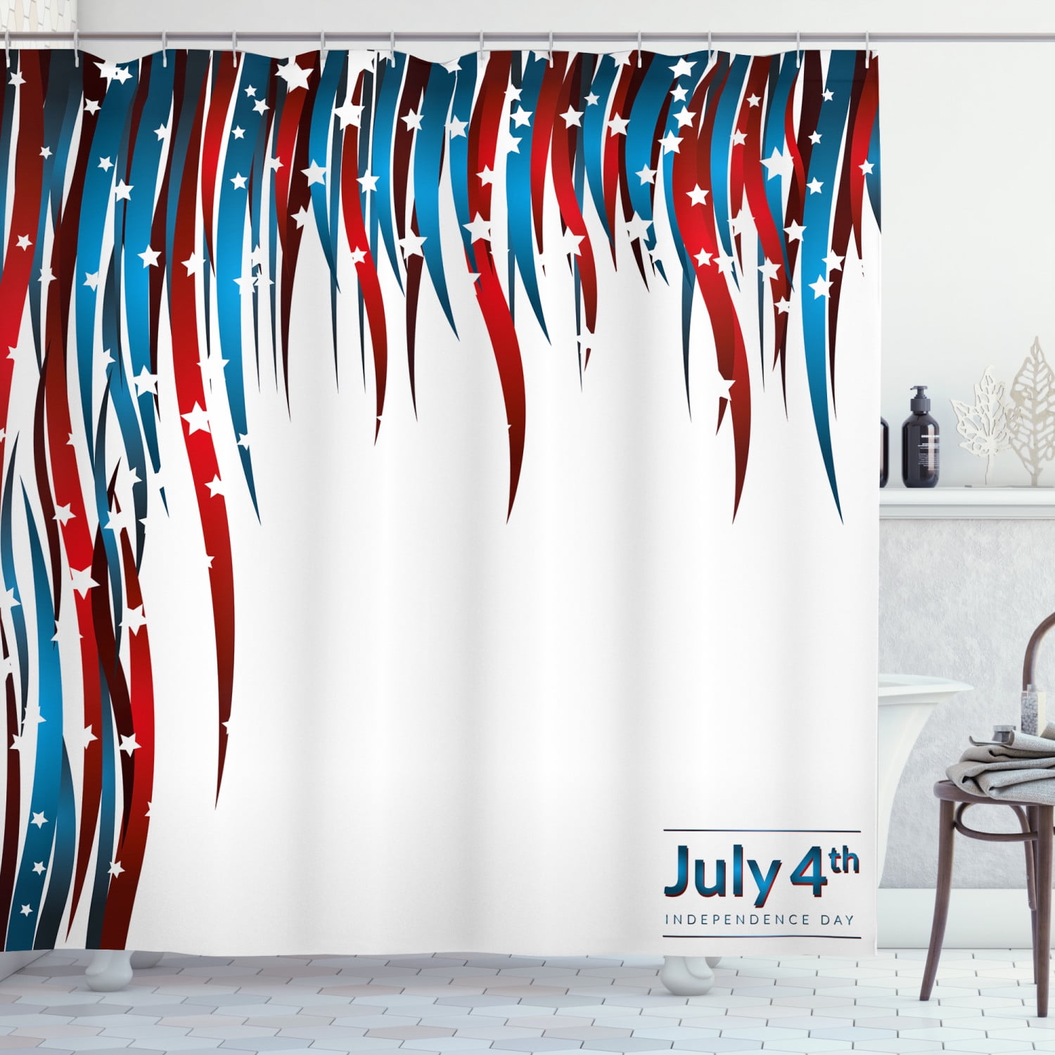 4th of July Shower Curtain, Independence Day Themed Stars and Swirled Stripes Composition 