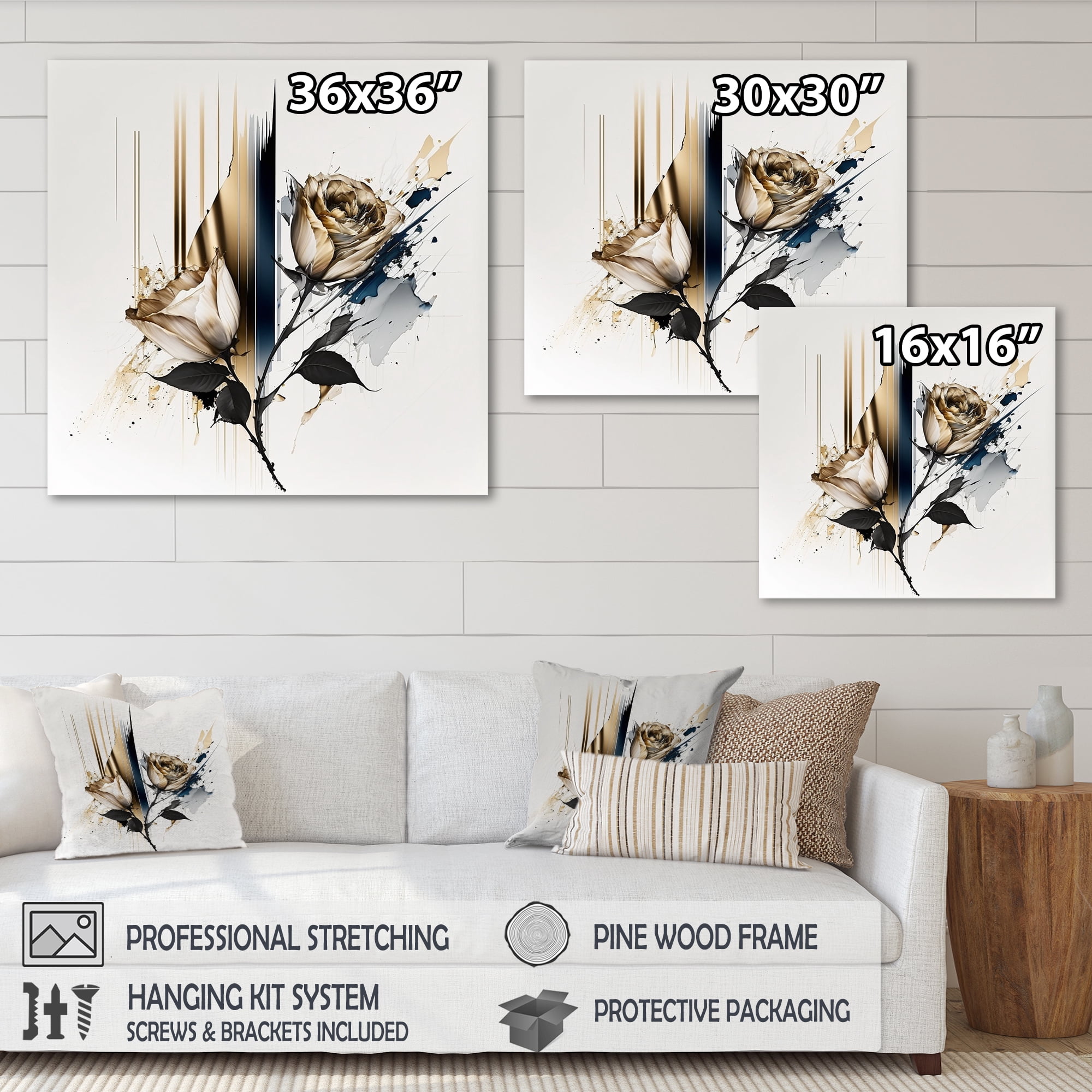 Designart Roses Flow Flower On Golden Beige Paint III Canvas Wall Art