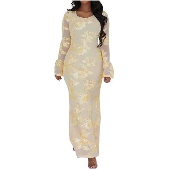 huilin Women's Solid Color Elegant Embroidery Crew Neck Bell Sleeve Knit Mermaid Maxi Dress Sweater Dress Long Sleeve Crew Neck Dress For Fall Winter Party