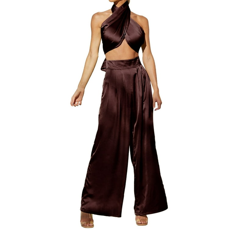 Womens Trousers Suit 2 Piece Outfits Halter Neck Criss Backless Crop Top Solid High Waist Wide Leg Pants Set