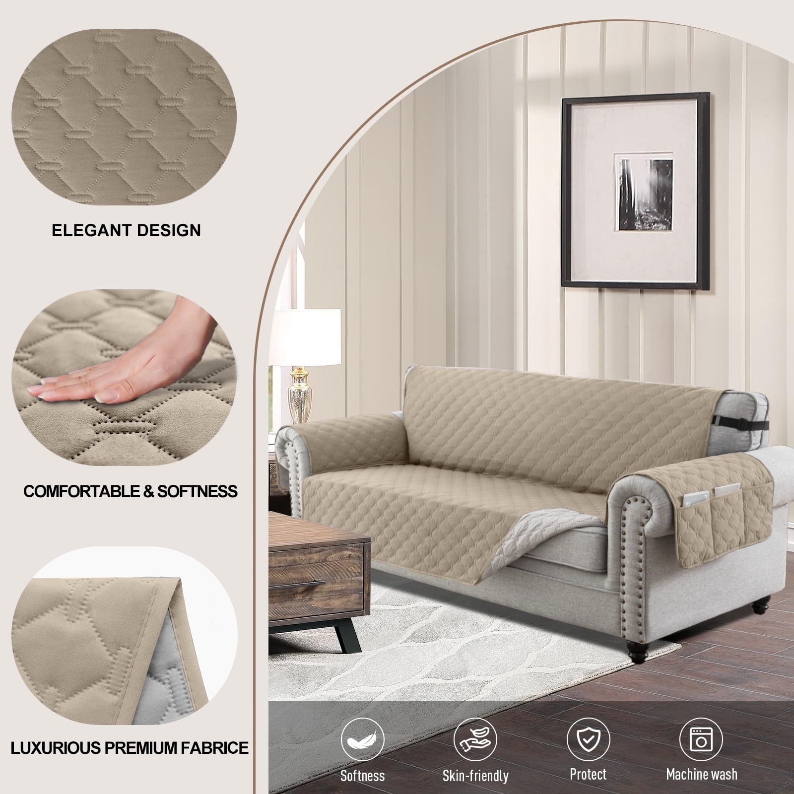Sanmadrola Sofa Cover 100% Waterproof Couch Slipcovers Washable Non-Slip Furniture Protector with Pockets/Elastic Straps/Silicone Backing for Kids Pets Dogs, Khaki, Sofa