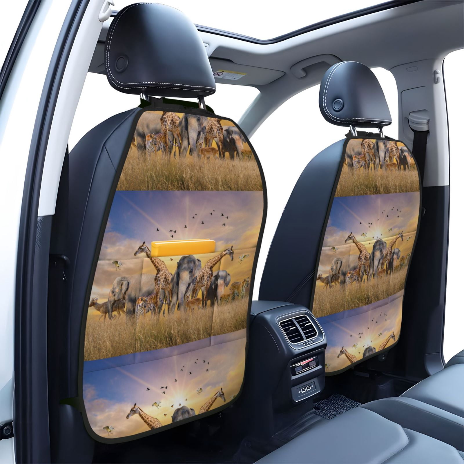 Xecao Vintage Wildlife Protection Pattern Car Seat Back Protector 2 Pack Large Capacity Pocket, Kick Mats Back Seat Protector