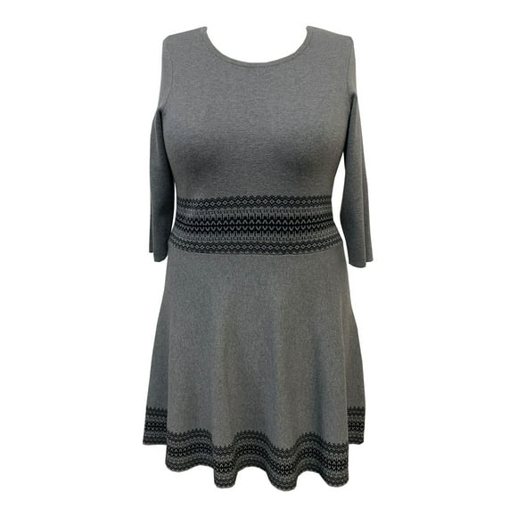 TAYLOR Womens Gray Knit Heather 3/4 Sleeve Jewel Neck Knee Length Wear To Work Fit + Flare Dress Plus 1X