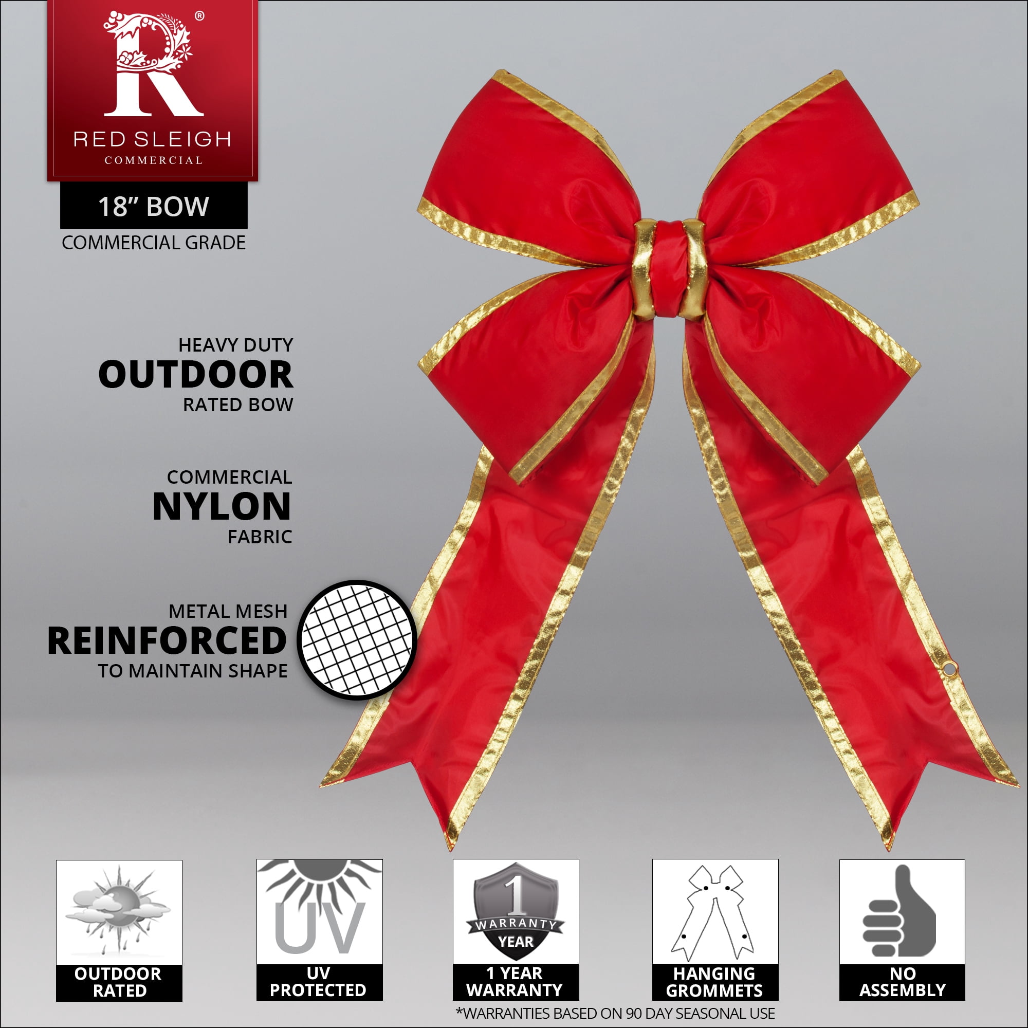 Big Red Christmas Outdoor Bows, Heavy Duty Red Nylon Bow with Gold Trim, Outdoor Christmas Bows, 18 Inch