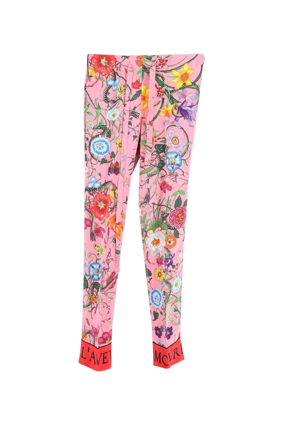 Pre-Owned Gucci Snake Flora Print Trousers in Pink Silk