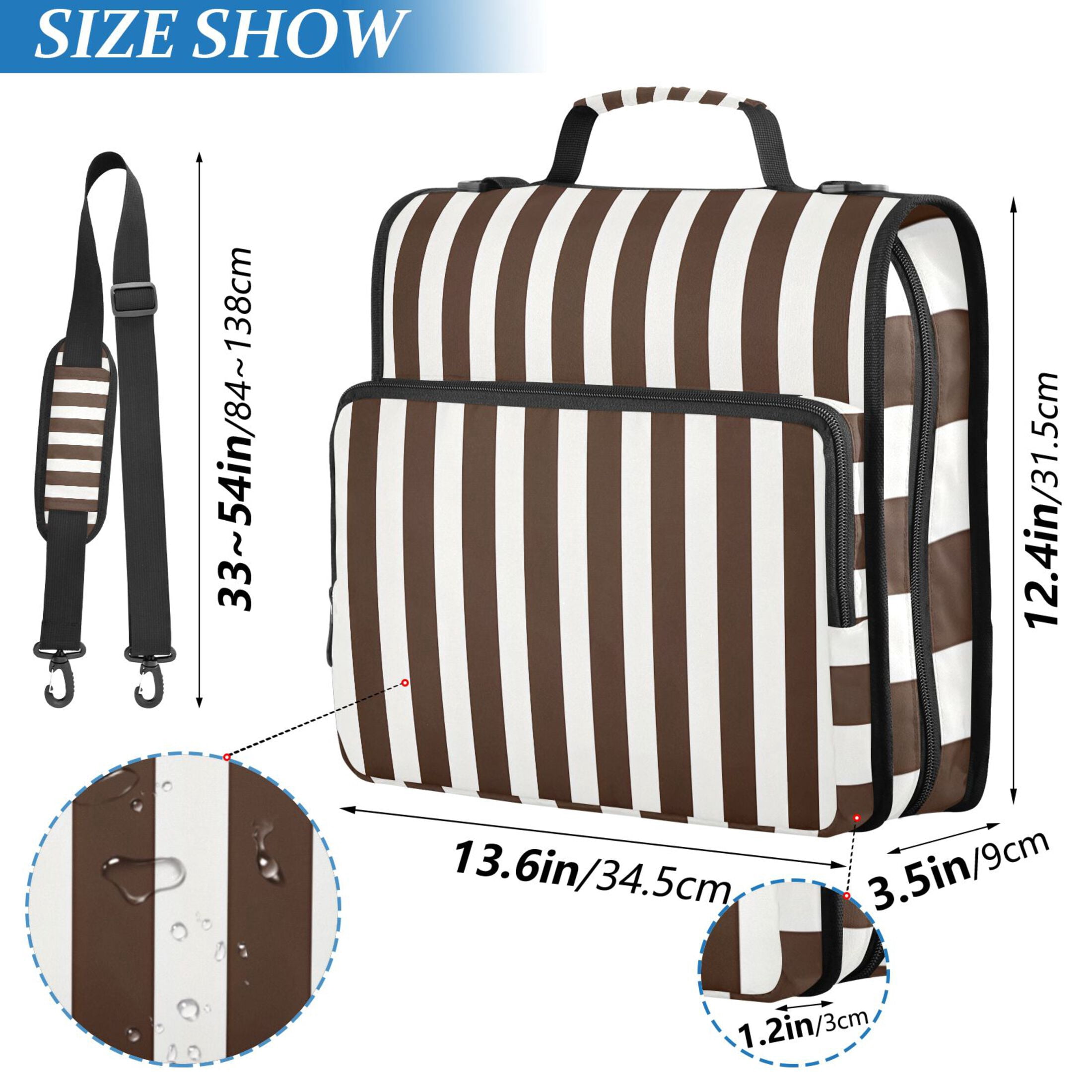3 Ring Zipper Binder with Shoulder Strap Waterproof Trapper Keeper 2 Inch D-Ring 500 Sheets Capacity Dark Brown and White Striped